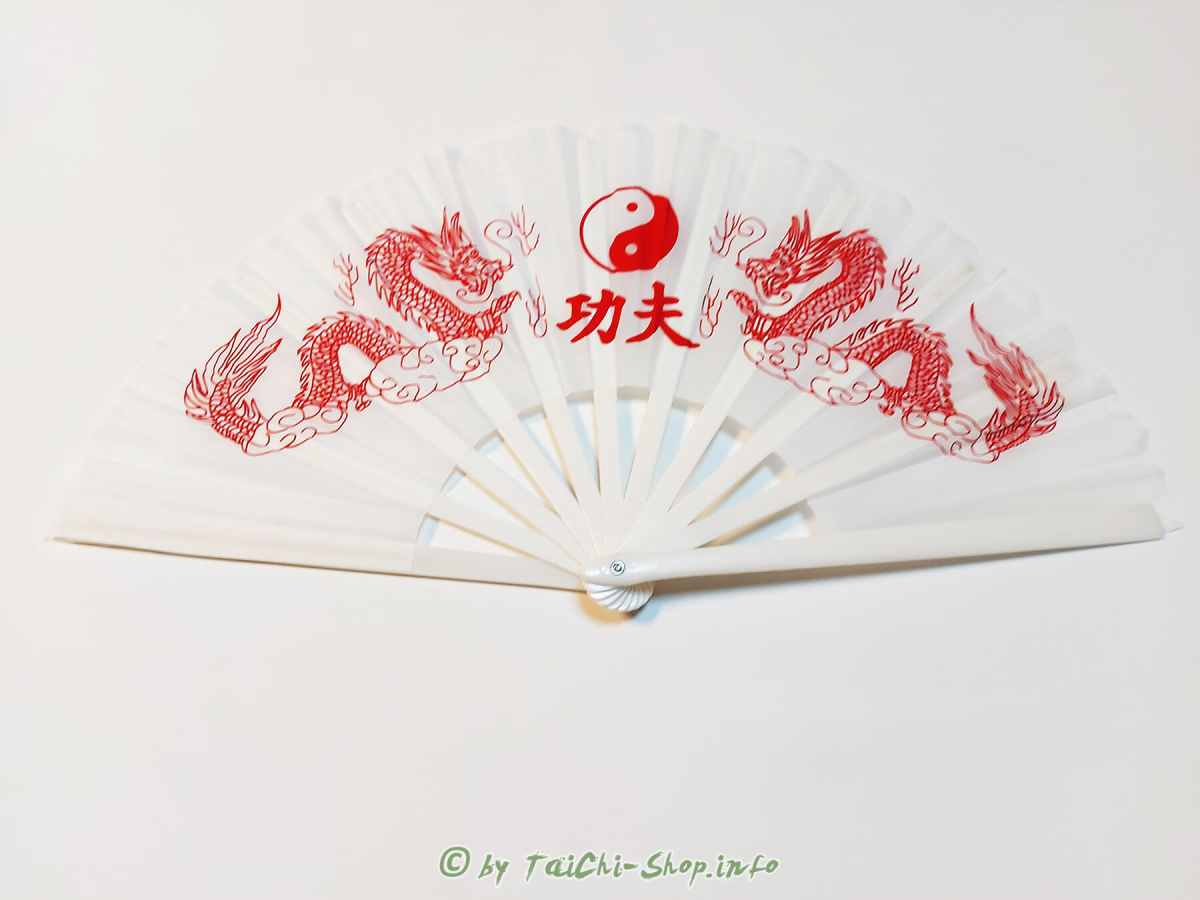 Tai Chi Übungsfächer weiß / roter Drache + Yin Yang