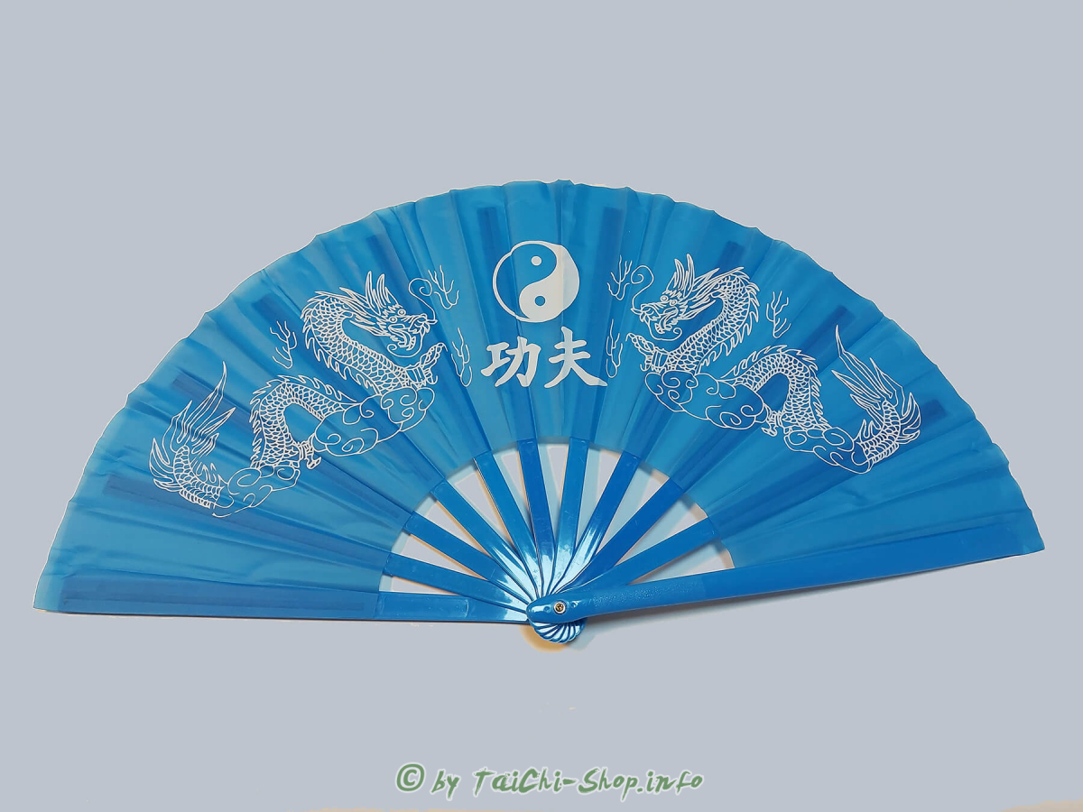 Tai Chi Übungsfächer blau / weißer Drache + yin yang