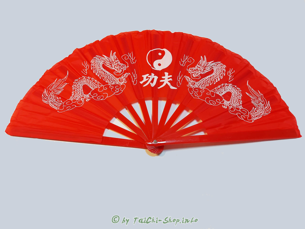 Tai Chi Übungsfächer rot / weißer Drache + Yin Yang