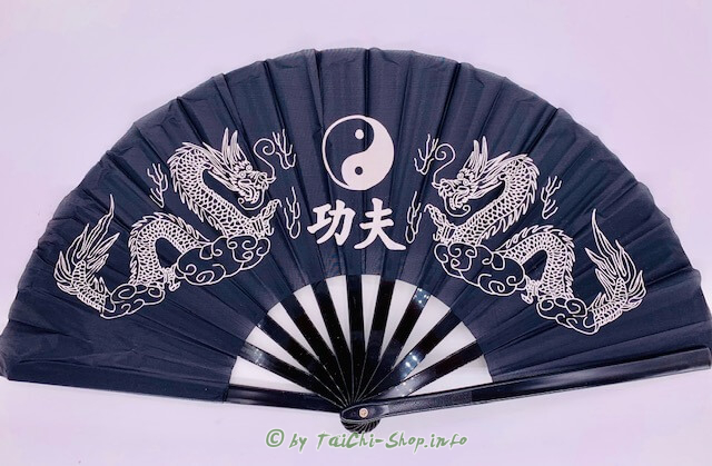 Tai Chi Übungsfächer schwarz / weißer Drache + Yin Yang