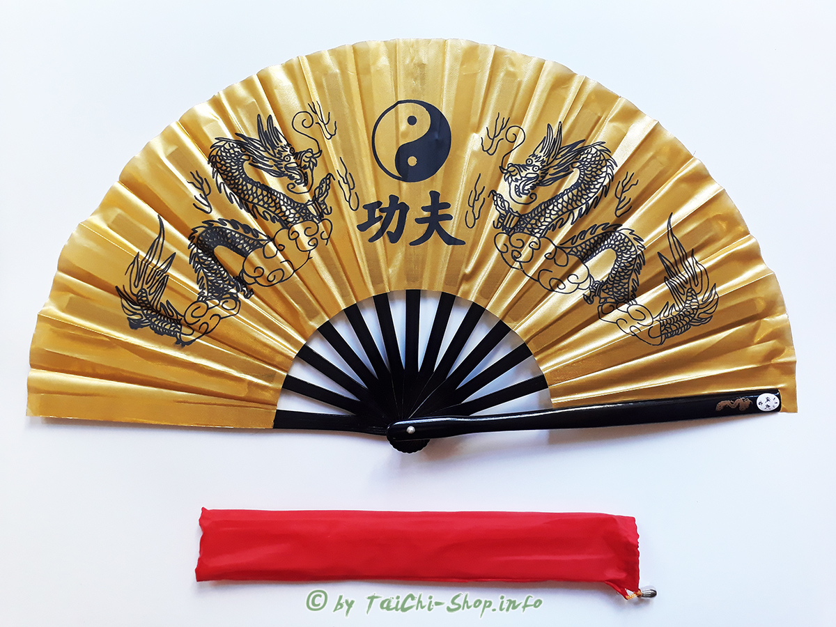 Tai Chi Übungsfächer gold mit schwarzem Drachen