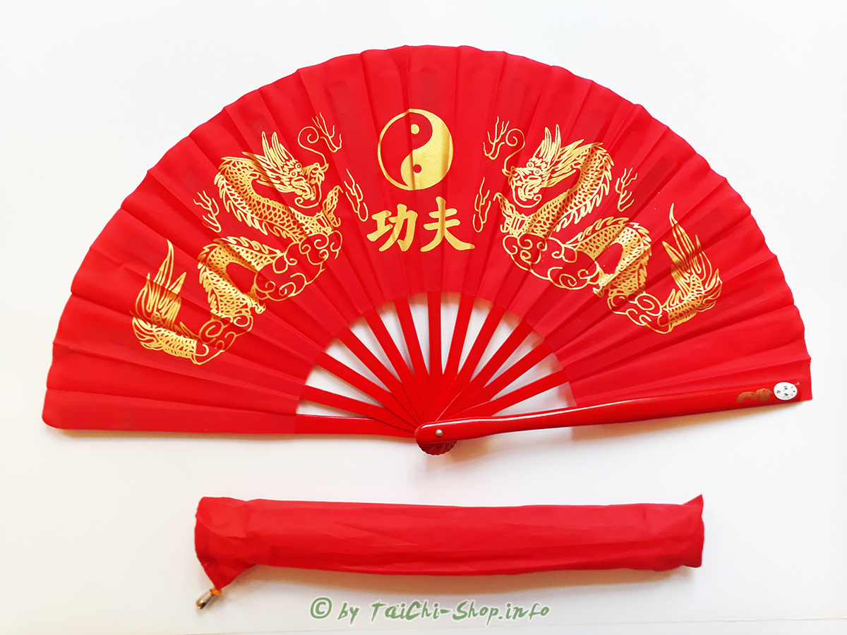 Tai Chi Übungsfächer rot mit goldenem Drachen