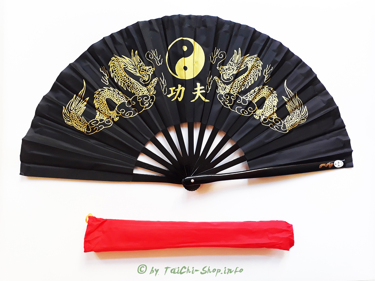 Tai Chi Übungsfächer schwarz mit goldenem Drachen